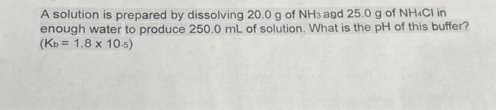 Solved A solution is prepared by dissolving 20.0 g of NH3 | Chegg.com