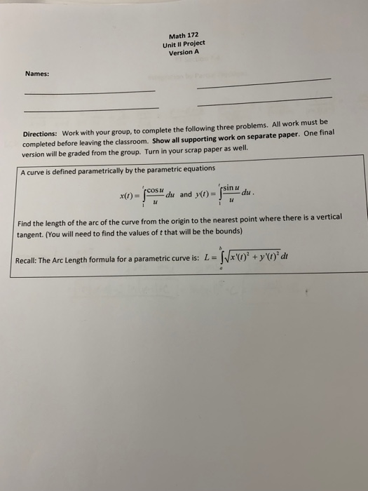 Solved Math 172 Unit I Project Version A Names: Directions: | Chegg.com