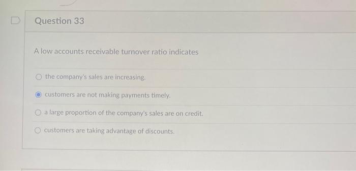 Solved A low accounts receivable turnover ratio indicates | Chegg.com