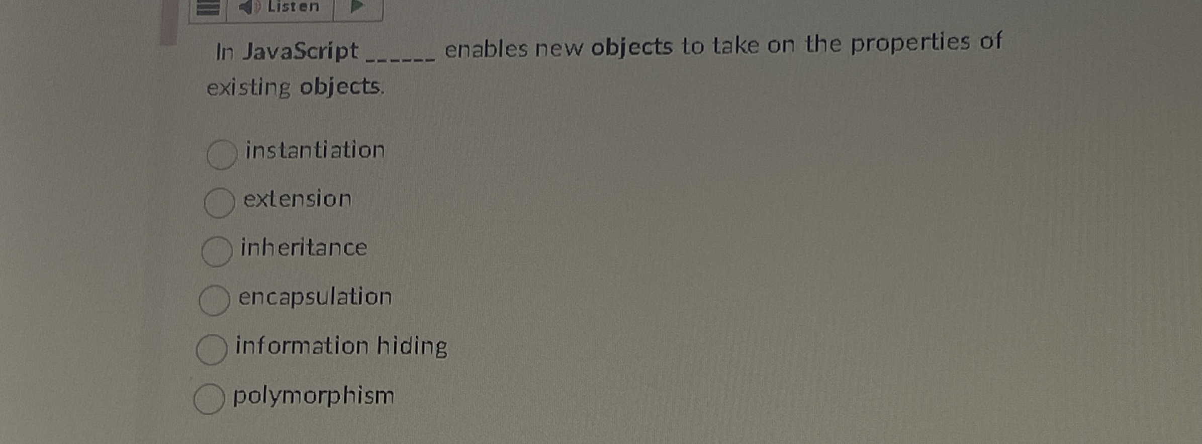 Solved ListenIn JavaScript q, ﻿enables new objects to take | Chegg.com