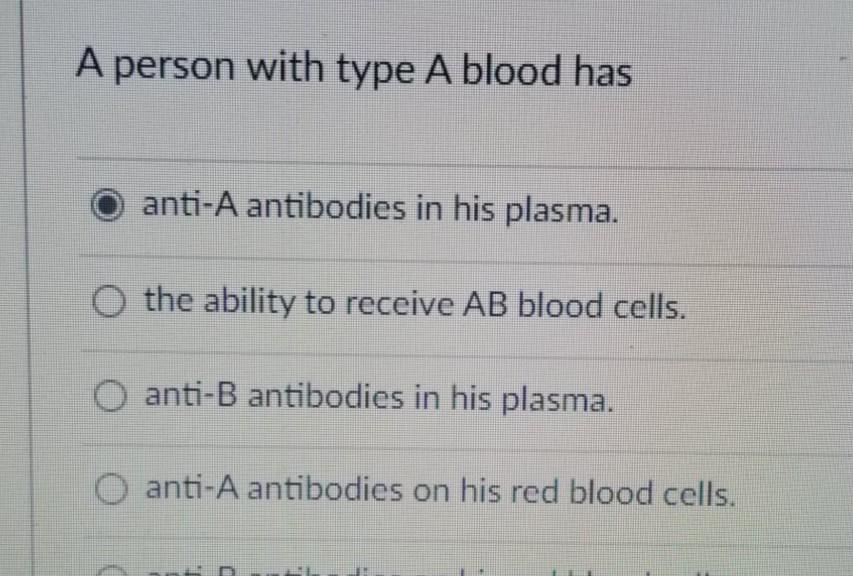 Solved A person with type A blood has antiA antibodies in