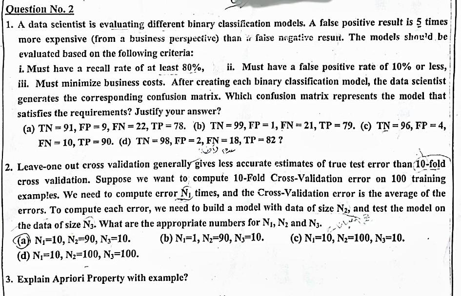 Solved 1. A data scientist is evaluating different binary | Chegg.com