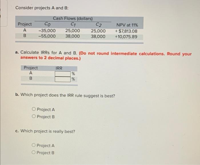 Solved Consider Projects A And B: Project A B Cash Flows | Chegg.com