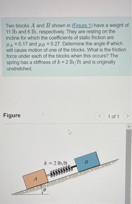 Solved Two Blocks A And B Shown In (Figure 1) Have A Weight | Chegg.com