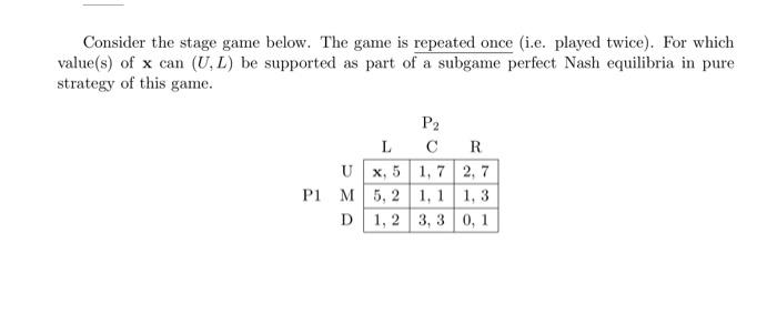 Solved Consider the stage game below. The game is repeated | Chegg.com