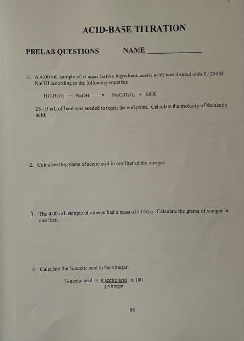 Solved 1. A 4.00 mL sample of vinegar (active ingredient,