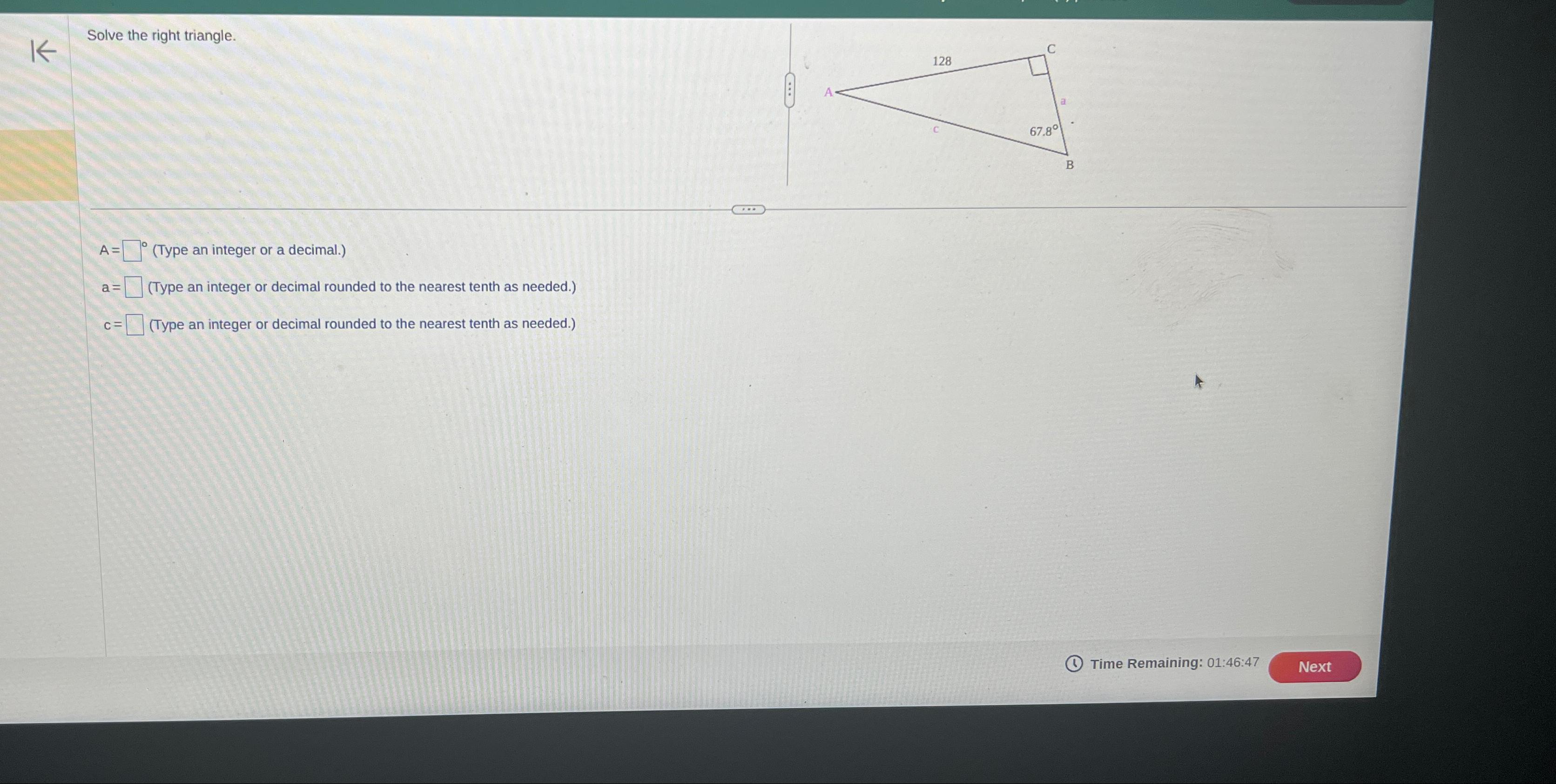 Solved Solve the right triangle.A=, ' (Type an integer or a | Chegg.com
