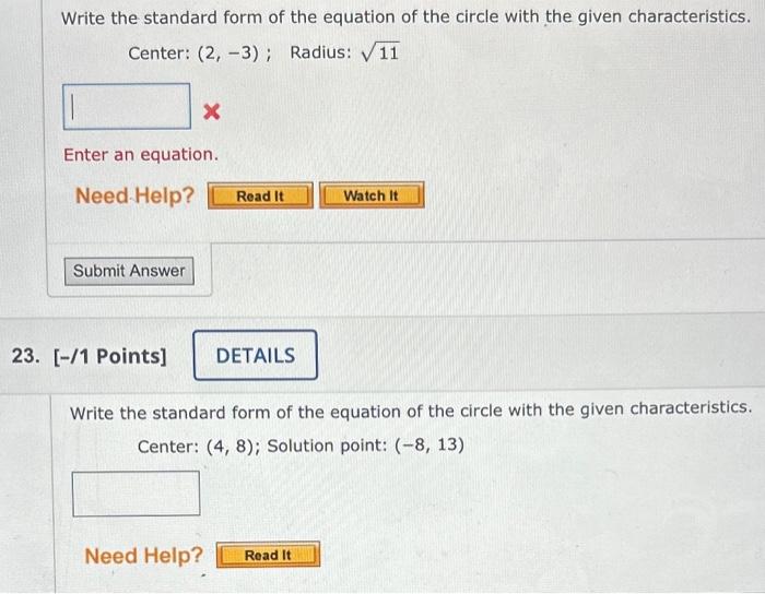 Solved Write the standard form of the equation of the circle | Chegg.com