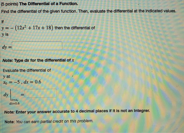 Solved (5 points) The Differential of a Function. Find the | Chegg.com