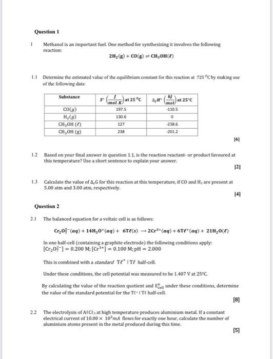 Solved I Methanol is an important fuel. One method for | Chegg.com