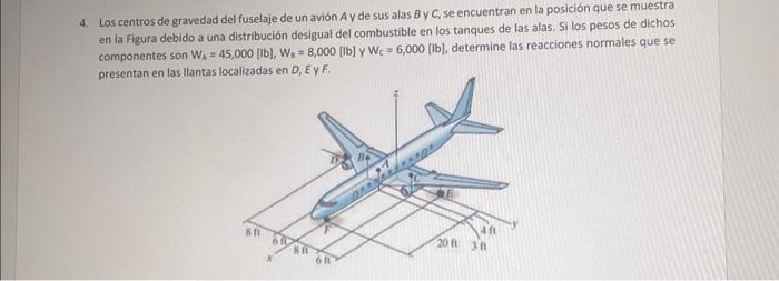 4. Los centros de gravedad del fuselaje de un avión \( A \) y de sus alas \( B \) y \( C \), se encuentran en la posición que