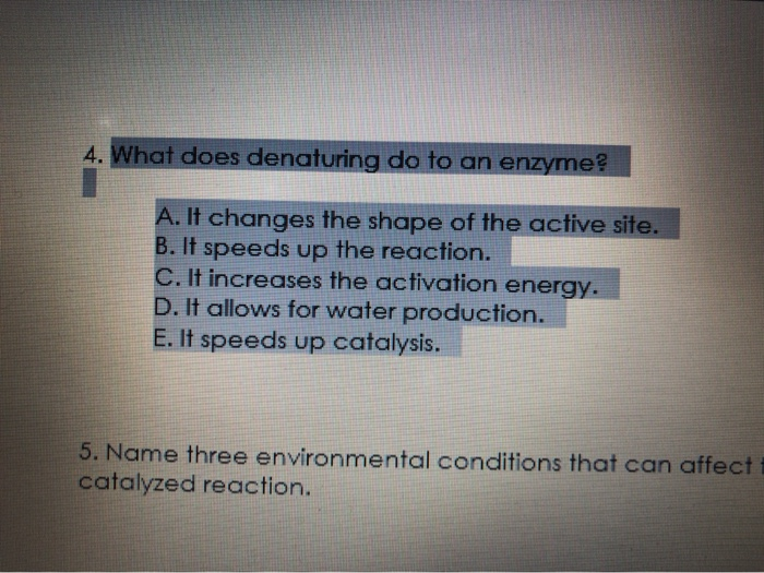 Solved 4. What does denaturing do to an enzyme? A. It