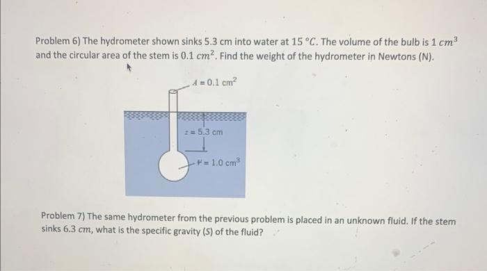 Solved Problem 6) The hydrometer shown sinks 5.3 cm into | Chegg.com