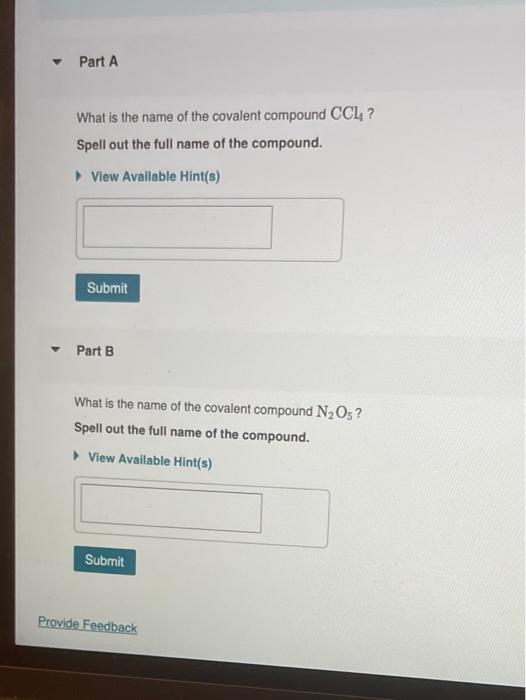 Solved Part A What Is The Name Of The Covalent Compound Ccl