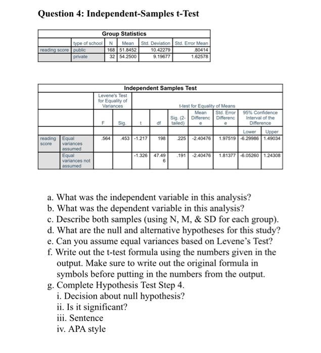 Solved Question 4: Independent-Samples t-Test a. What was | Chegg.com