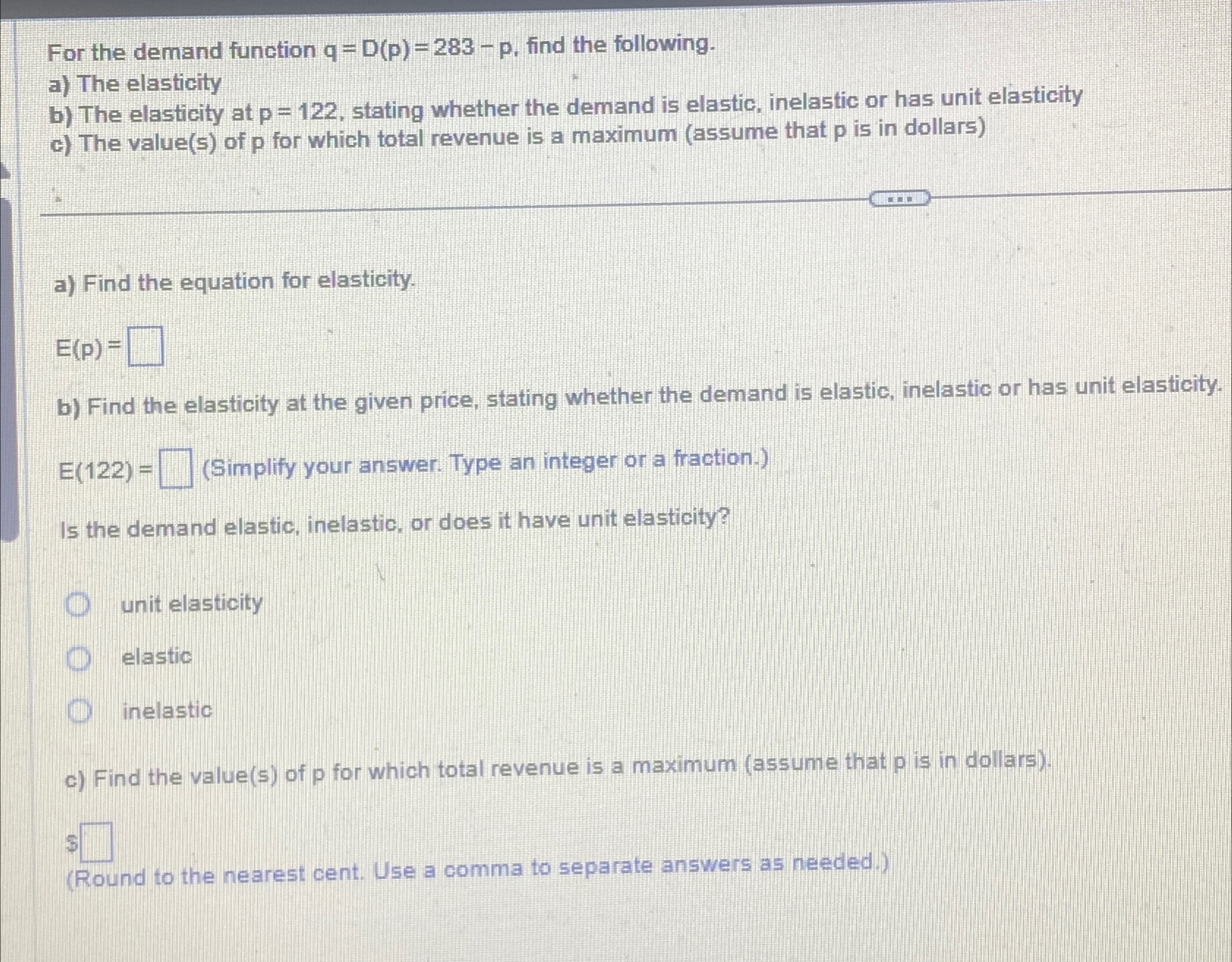 Solved For the demand function q=D(p)=283-p, ﻿find the | Chegg.com