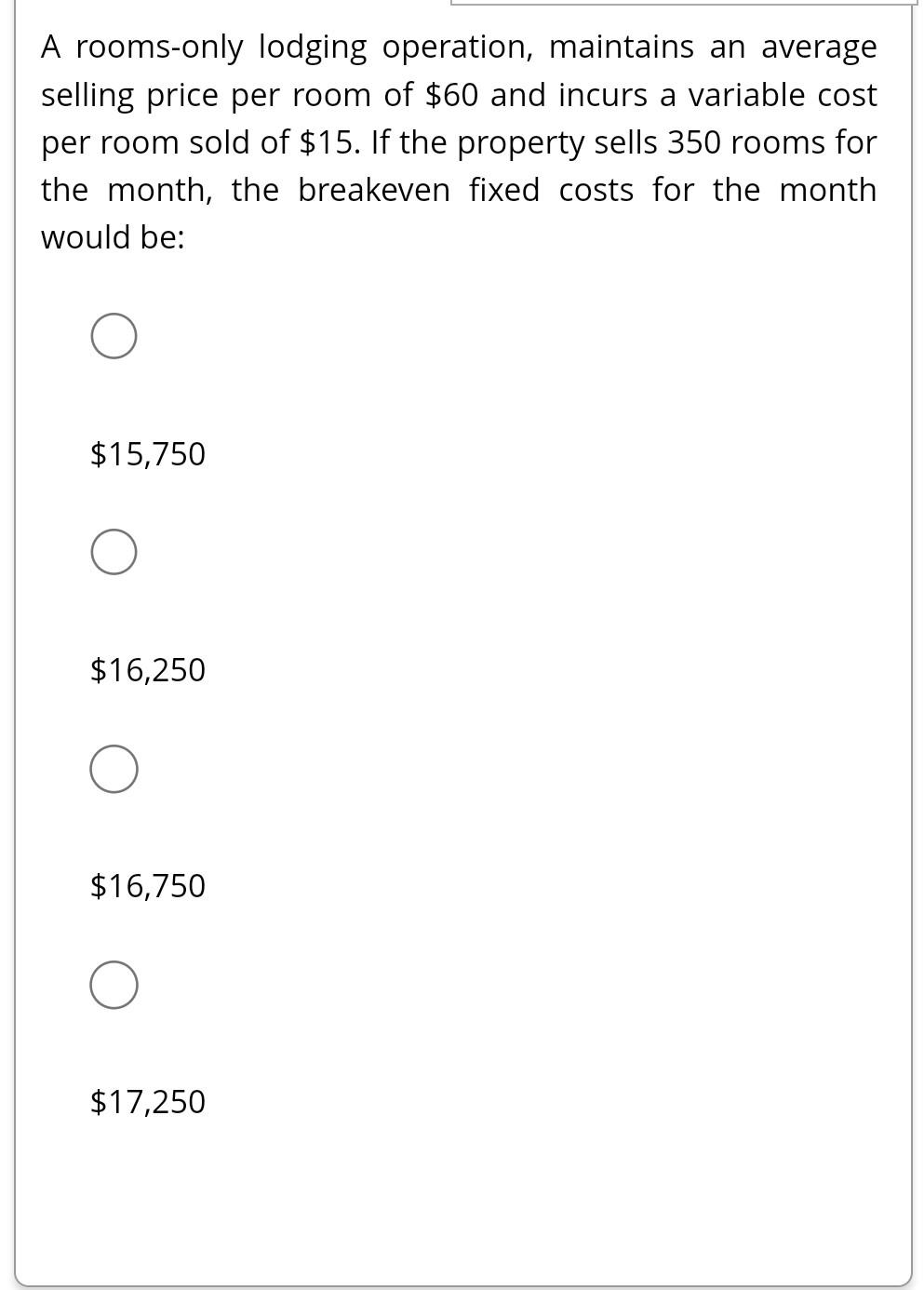 Solved A roomsonly lodging operation, maintains an average