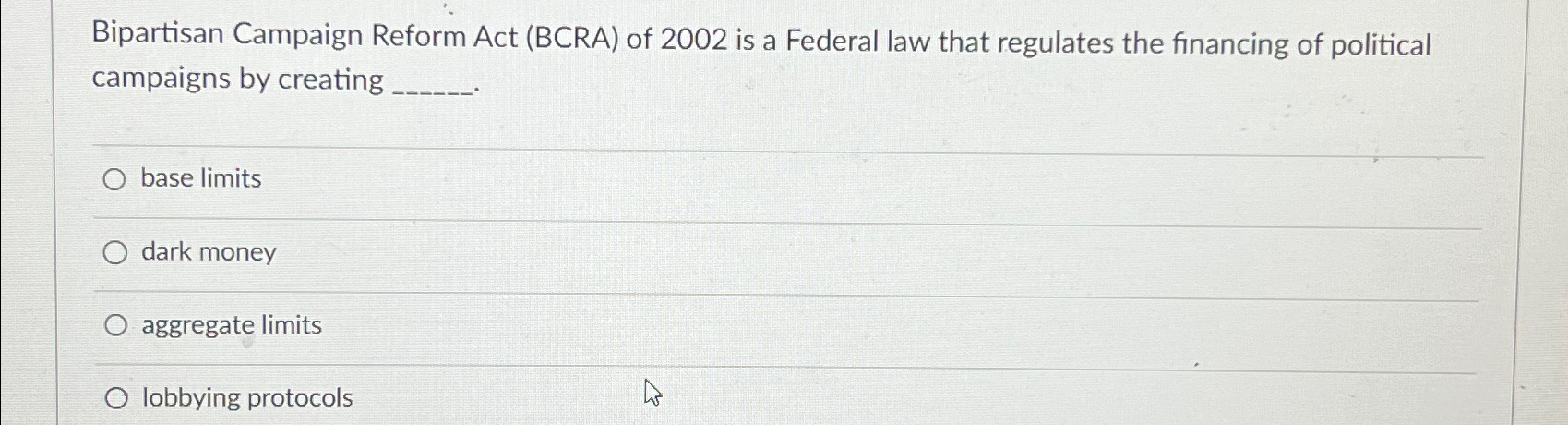 Solved Bipartisan Campaign Reform Act (BCRA) ﻿of 2002 ﻿is A | Chegg.com