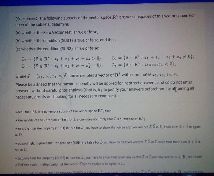 Solved (Subspaces). The Following Subsets Of The Vector | Chegg.com