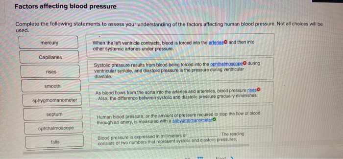 Solved Factors affecting blood pressure Complete the | Chegg.com