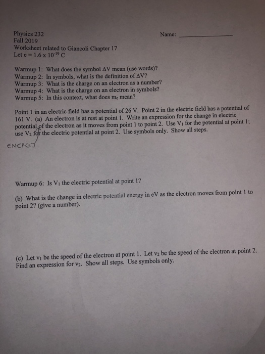 Solved Name: Physics 232 Fall 2019 Worksheet related to | Chegg.com