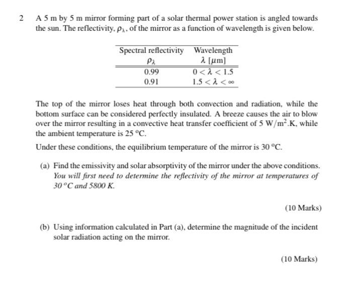 Solved A 5 m by 5 m mirror forming part of a solar thermal | Chegg.com