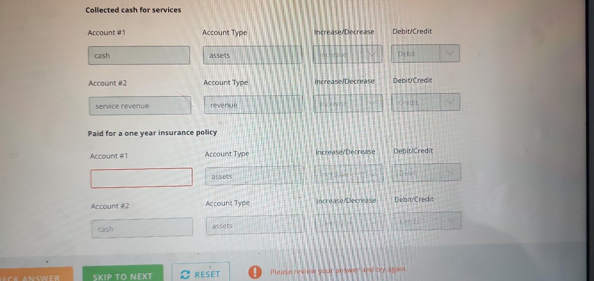 Solved Collected cash for services Account #1 Account Type | Chegg.com