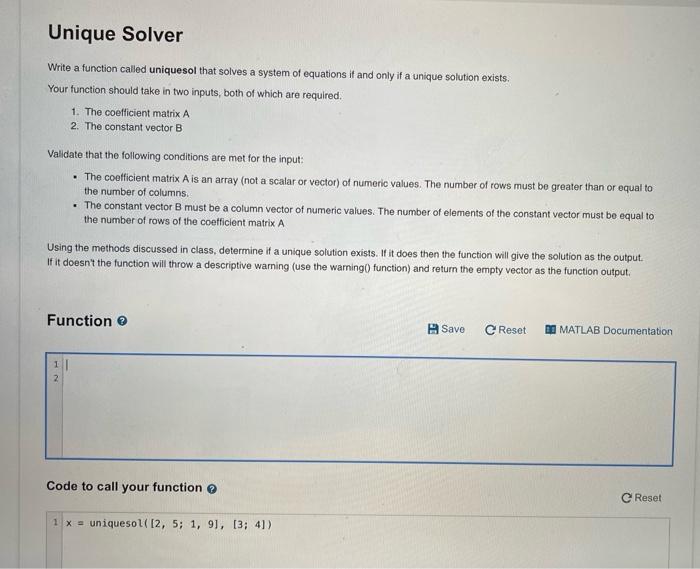 Solved Unique Solver Write a function called uniquesol that | Chegg.com