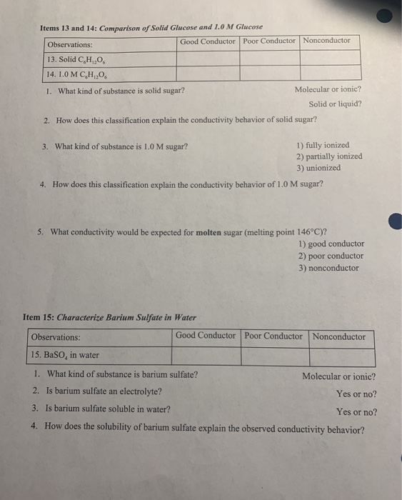 Solved Items 13 and 14: Comparison of Solid Glucose and 1.0 