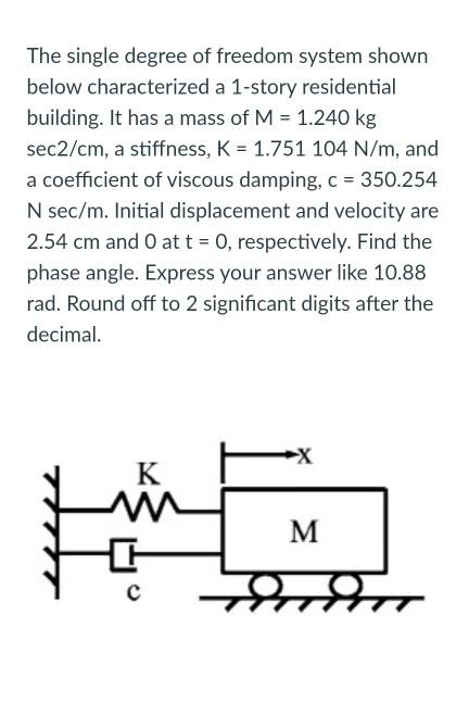 Solved The single degree of freedom system shown below | Chegg.com