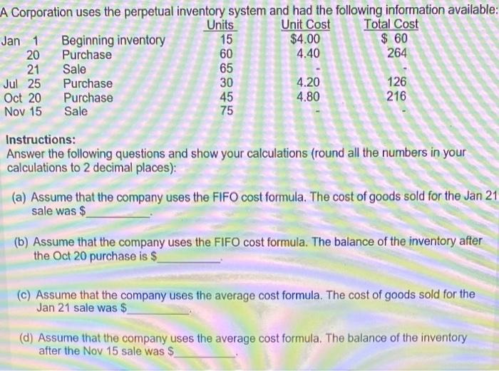 Solved A Corporation Uses The Perpetual Inventory System And | Chegg.com