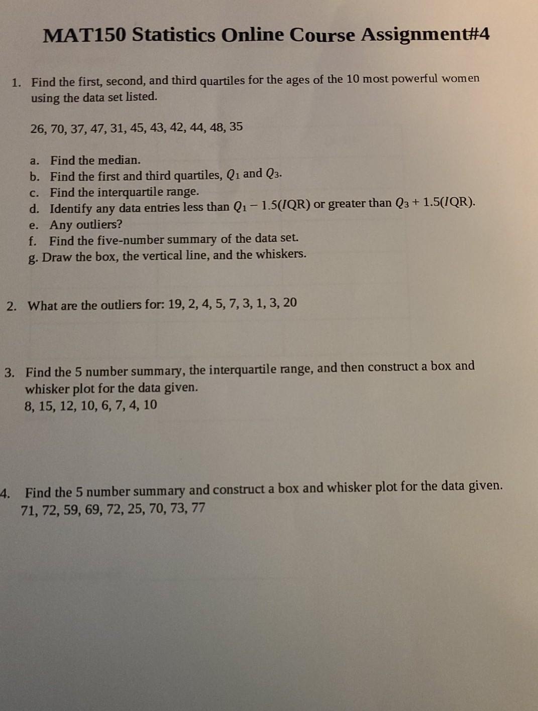 Solved MAT150 Statistics Online Course Assignment4 1. Find