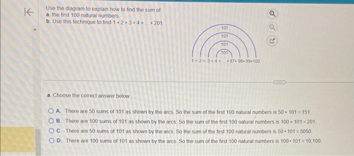 Use the diagram to explain how to find the sum of
a. the first 100 natural numbers.
b. Use this technique to find \( 1+2+3+4+