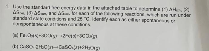 Solved 1. Use the standard free energy data in the attached | Chegg.com
