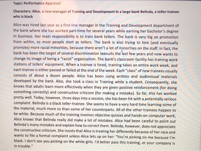 Solved Topic Performance Appraisal Characters Alice, a new