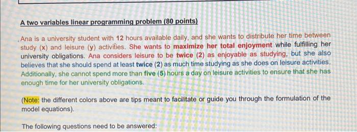 Solved A two variables linear programming problem ( 80 | Chegg.com