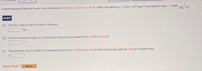 Solved A swimming pool flled with water has dimensions of | Chegg.com