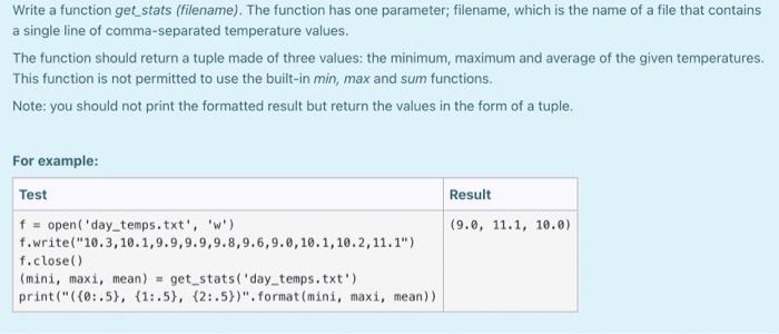 Solved Write a function get_stats (filename). The function | Chegg.com