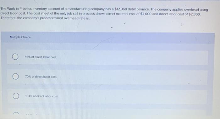 Solved The Work In Process Inventory Account Of A | Chegg.com