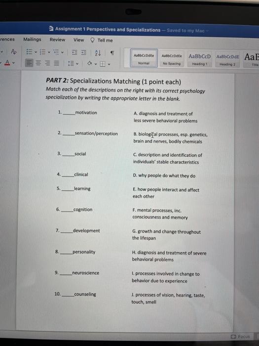 Solved Assignment 1 Perspectives and Specializations - Saved | Chegg.com