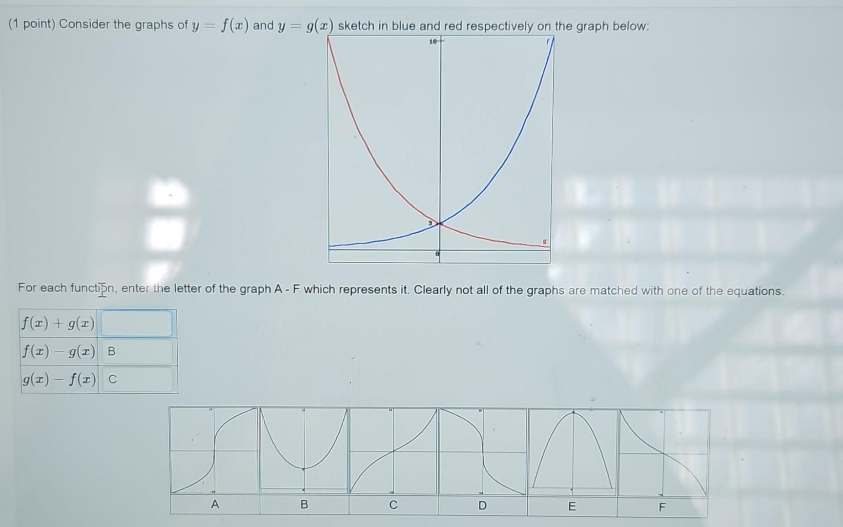 Solved (1 point) Consider the graphs of y=f(x) and y=g(x) | Chegg.com