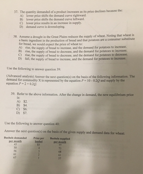 answered: question 2 options: increase in demand... Solved 37. The quantity demanded of a product increases as | Chegg.com