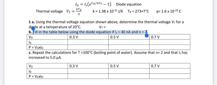 Solved ID=Is(eVD/nVT−1) Diode equation Thermal voltage | Chegg.com