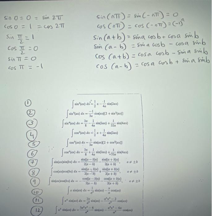 \( \sin 0=0=\sin 2 \pi \) \( \sin (n \pi)=\sin (-n \pi)=0 \) \( \cos 0=1=\cos 2 \pi \) \( \cos (n \pi)=\cos (-n \pi)=(-1)^{2}