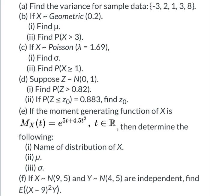 Solved (a) Find the variance for sample data:{-3, 2, 1, 3, | Chegg.com