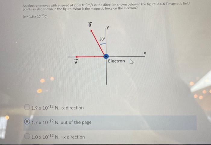 Solved An electron moves with a speed of 2.0 x 10' m/s in | Chegg.com