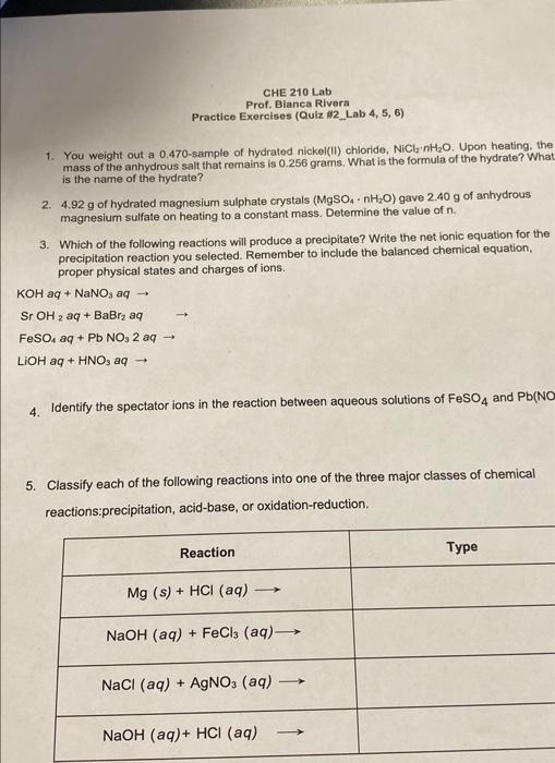 Solved CHE 210 Lab Prof. Blanca Rivera Practice Exercises | Chegg.com