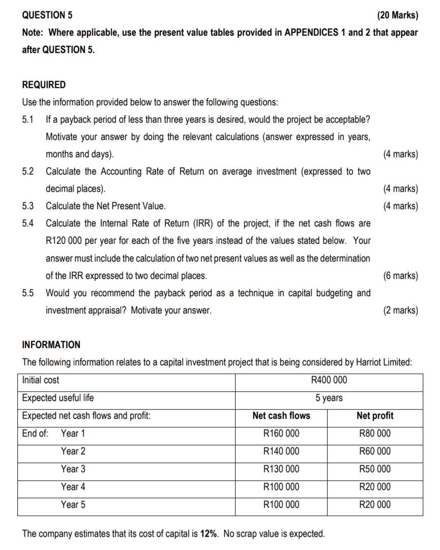 Solved QUESTION 5 (20 Marks) Note: Where applicable, use the | Chegg.com