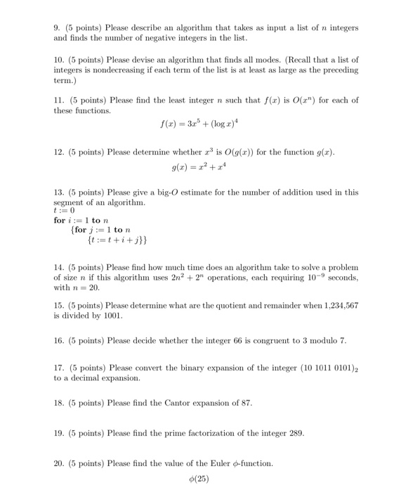 Solved 9. (5 points) Please describe an algorithm that takes | Chegg.com