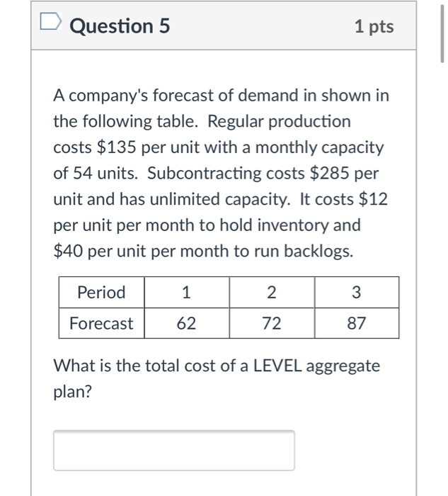 Solved Question 5 1 pts A company's forecast of demand in | Chegg.com